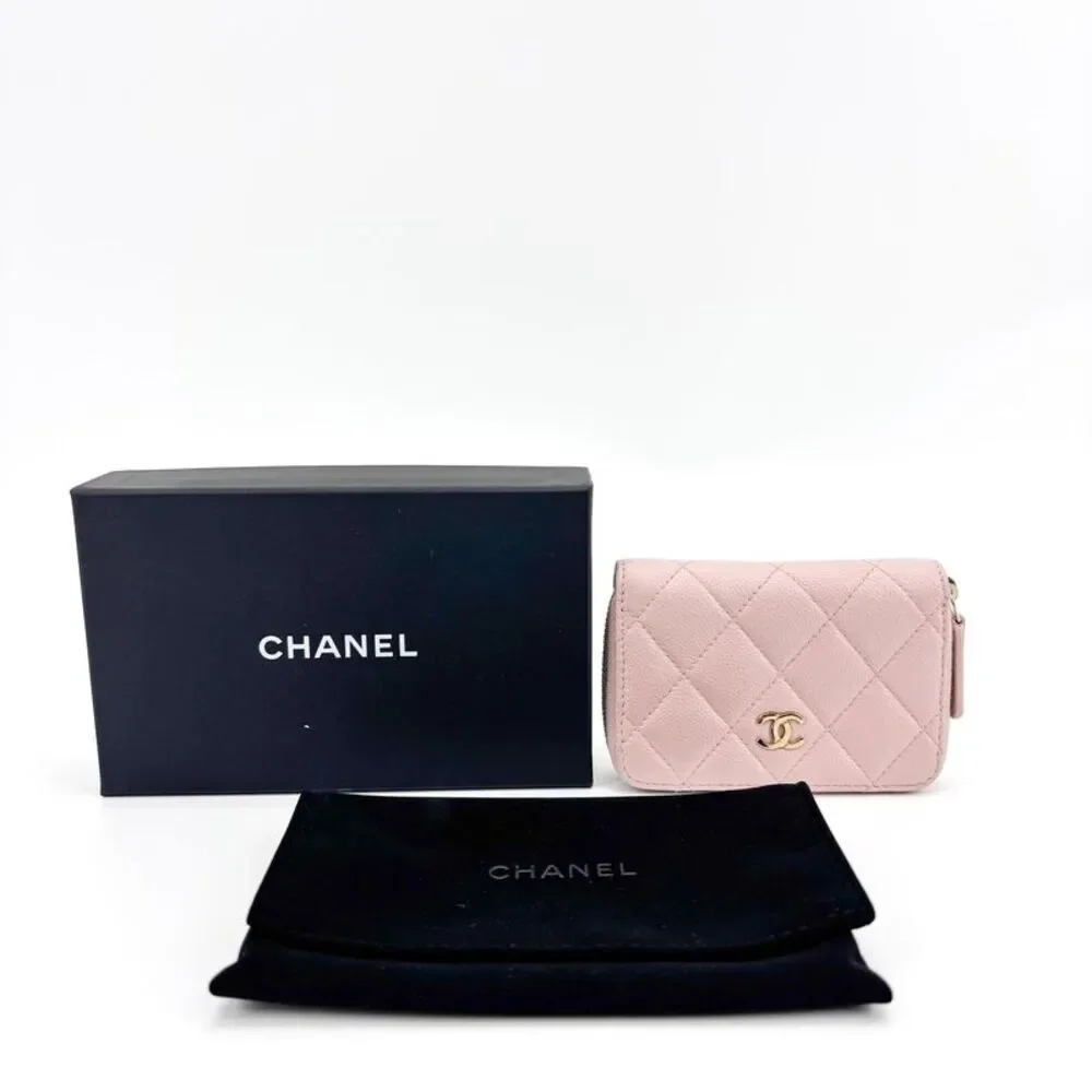 Chanel Classic Caviar Flap Zipper Card Holder Pink Gold Hardware